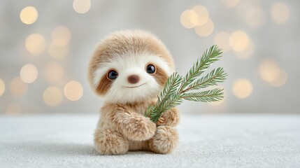 Obraz premium Adorable fluffy sloth holding pine branch with bokeh background for winter decor