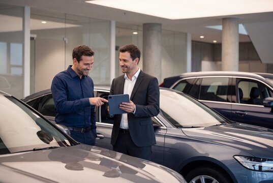 Car buyer and vehicle consultant reviewing digital vehicle specs on a tablet inside a premium automotive showroom