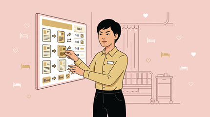 Obraz premium Healthcare professional pointing at hospital bed assignment chart
