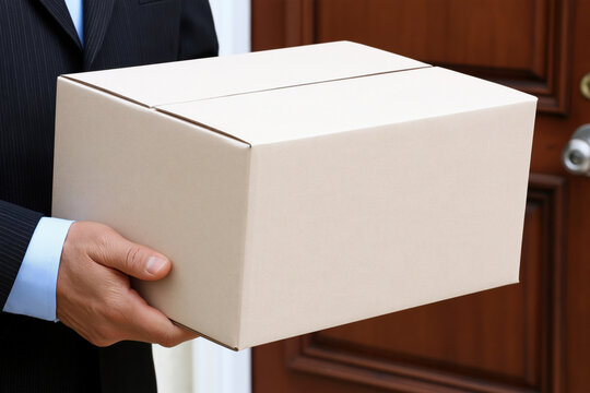 Delivery box parcel package hand business suit door doorstep mail shipping cardboard box courier shipment logistics delivery service package delivery box carton postal service transport recipient