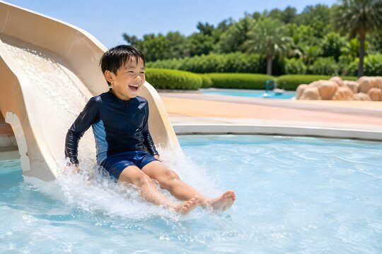 ウォータースライダーから浅いプールへ到着する子ども