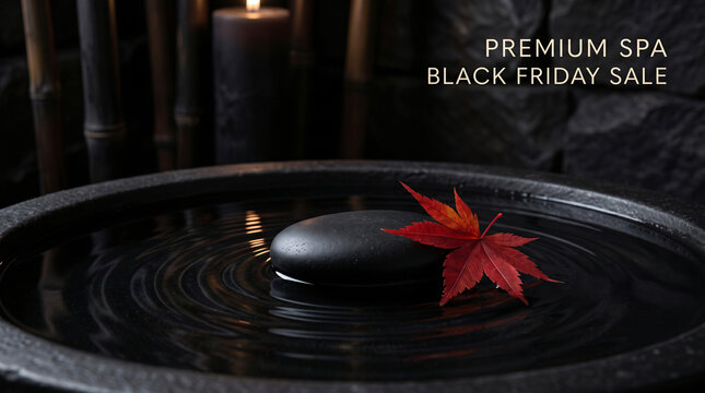 Dark, solitary rock rests on calm, black water, creating ripples. Black Friday