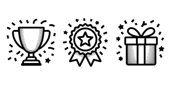 Set of black and white icons featuring a trophy award medal and gift box