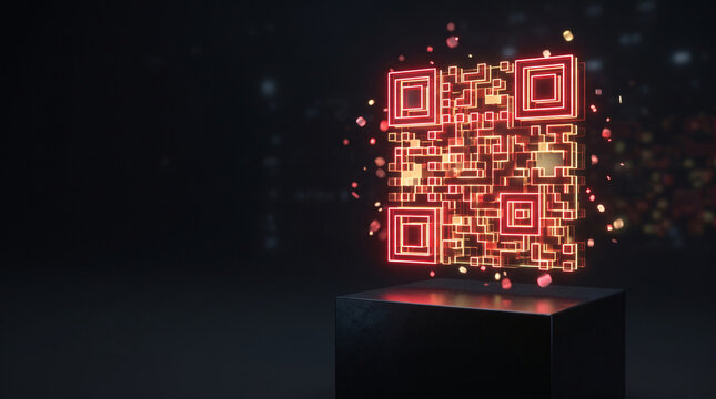 neon line QR code animation. Scan qr code icon with red laser, barcode scanner animation on black background, suitable for scanner application a QR code on a scanned with a laser.