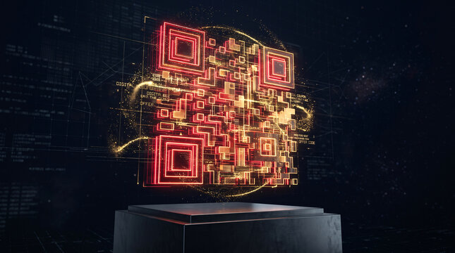 neon line QR code animation. Scan qr code icon with red laser, barcode scanner animation on black background, suitable for scanner application a QR code on a scanned with a laser.