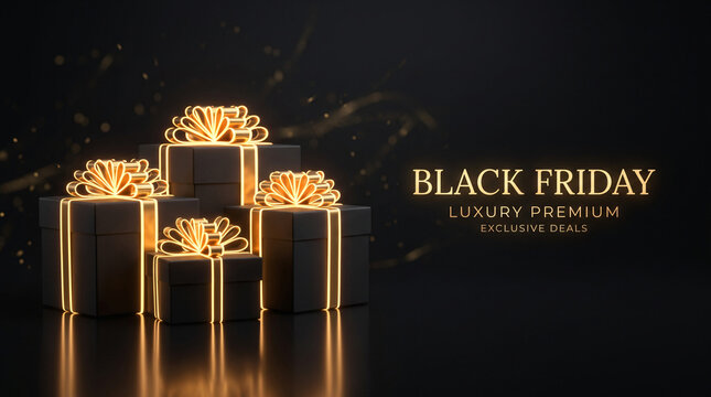 Luxury "BLACK FRIDAY" text in gold with gift boxes and frame on black. Ideal for high-end retail and.