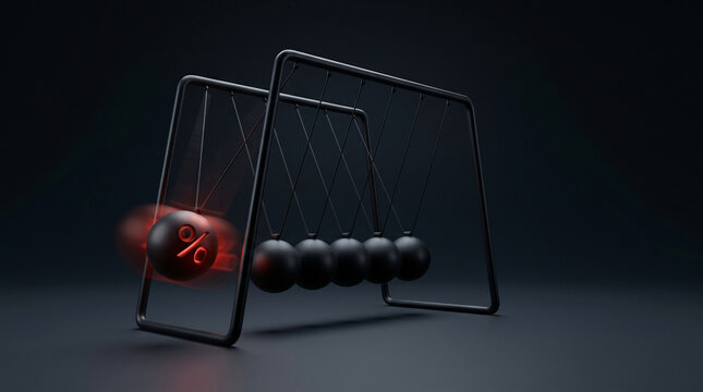 Silver Newton's cradle balls in motion against a black background, demonstrating physics principles momentum and the conservation of energy with a dynamic look. Black Friday theme.