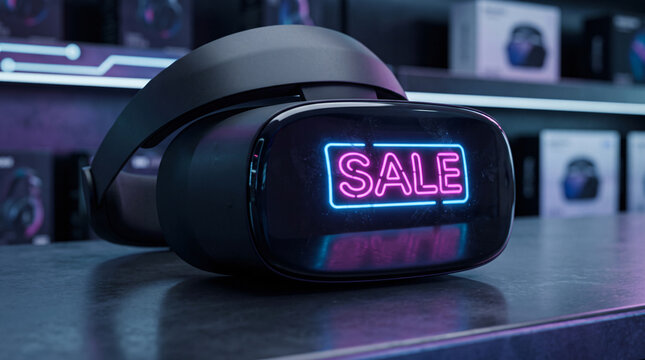 Futuristic Black Friday VR headset deal. Perfect for e-commerce, advertising tech sales, gaming promotions, or virtual reality marketing during the holiday shopping season.