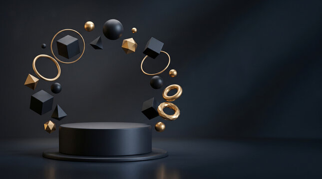 Black Friday podium with floating geometric 3D shapes.