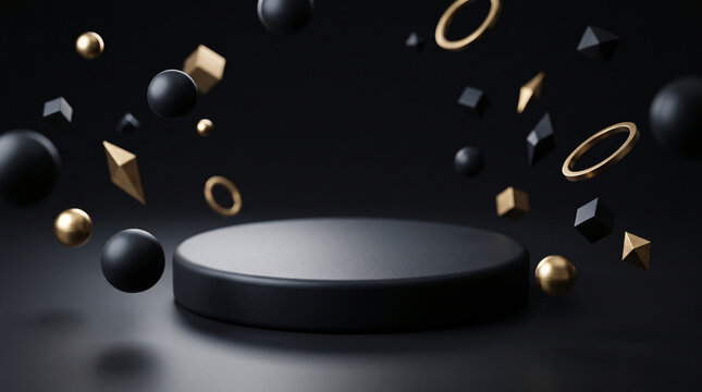 Black Friday podium with floating geometric 3D shapes.