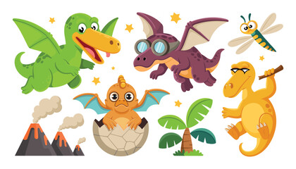 Cute Flying Dinosaur Cartoon Character Vector Icon Set Featuring Pterodactyl with Goggles, Hatching Egg, Volcanos, and Prehistoric Palm Tree Elements © minara