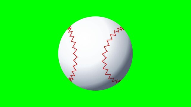 High resolution 4K motion graphic animation of a realistic 3D baseball with dynamic red zig-zag stitches spinning, isolated on a green screen.