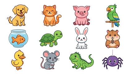 Obraz premium Cute Kawaii Domestic Pet Animal Character Sticker Set Featuring Puppy Dog, Kitten Cat, Pig, Parrot, Goldfish Bowl, Turtle, Rabbit, Hamster, Duckling, Mouse, Iguana, and Spider