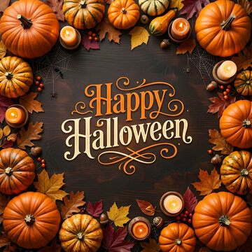 Happy halloween golden lettering with pumpkins and autumn leaves border