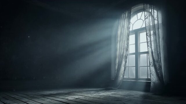 Dramatic Light Rays Shine Through Window in Dark Old Room