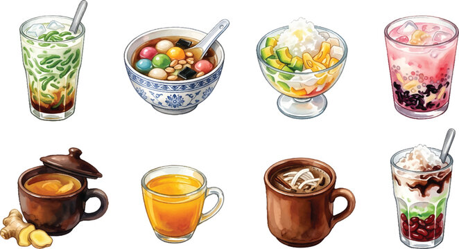 Vector Illustration Watercolor traditional Indonesian drinks set with es cendol, wedang ronde, es teler, es doger, wedang jahe, jamu kunyit asam, bajigur, and es kacang merah