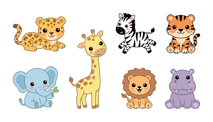 Obraz premium Cute Kawaii Safari Animal Vector Sticker Set with Adorable Baby Leopard Elephant Giraffe Zebra Lion Tiger and Hippo for Nursery Designs