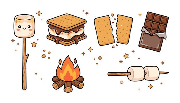 Cute Kawaii Smores Vector Sticker Set with Campfire Graham Crackers Chocolate Bar and Roasting Marshmallow Elements for Camping Designs