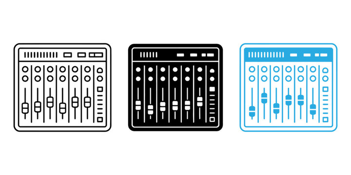 Audio mixing console icons set for music production and sound engineering