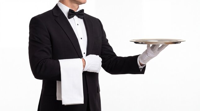 Waiter holding empty silver tray and white service towel against white background. Butler presenting clean platter during fine dining catering in luxury hospitality setting.