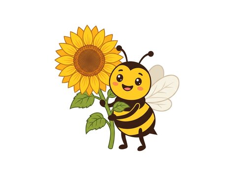 Adorable smiling bumblebee hugging a vibrant yellow sunflower blossom vector illustration character