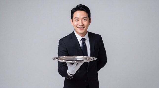 Waiter serving with empty silver platter in luxury restaurant setting. Male asian butler wearing formal black suit with white glove presents fine dining service.