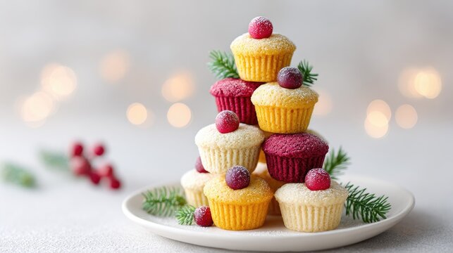 Festive mini muffin tower with red berries and powdered sugar on a plate