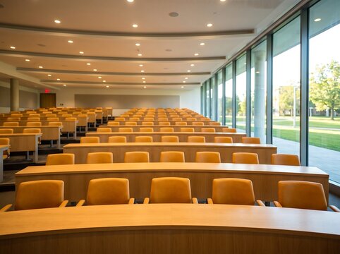 Modern empty auditorium lecture hall with curved wooden desks and brown leather chairs inside university or convention center featuring large glass windows with bright natural sunlight.