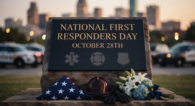 National First Responders Day October 28th memorial stone with flag and flowers
