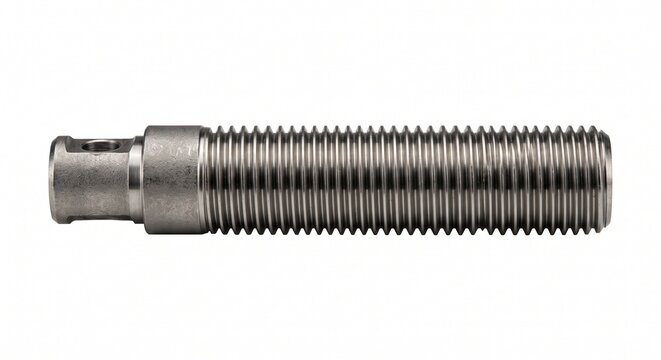 Geothermal wellhead gate valve stem. Threaded Inconel alloy rod for high-pressure corrosive steam and extreme heat control. Isolated on white background.