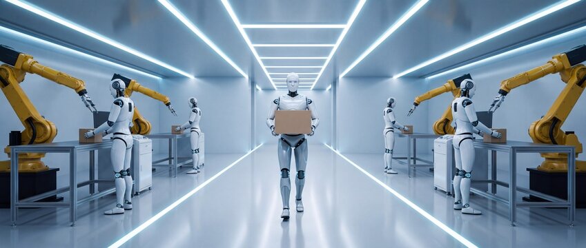 High-tech manufacturing facility featuring androids operating automated assembly production lines