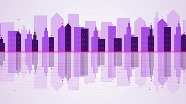 Digital cityscape animation featuring modern urban skyline silhouette vibrant purple color data conn