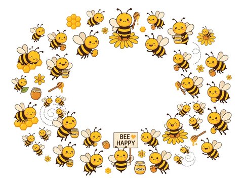 Cute worker bee holding sunflower and honey dipper cartoon characters oval frame border with honey pot and copy space