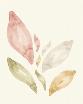 Abstract Watercolor Botanical Illustration Featuring Soft Pastel Petals and Organic Organic Shapes in a Minimalist Earth Tone Composition