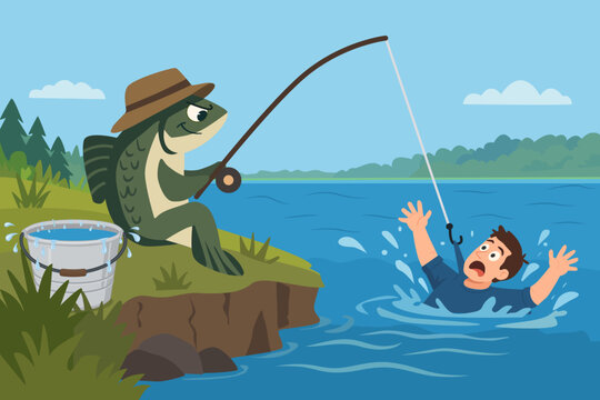 Fish sitting on riverbank and fishing for human, hooking shocked man by collar, with fishing rod, role reversal, outdoor mishap, recreational fishing hazard, karma, and ecological satire, vector