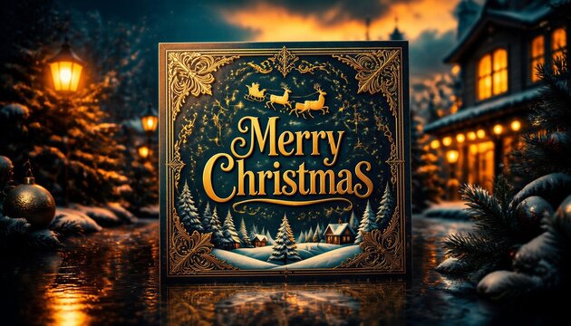 Merry Christmas greeting card with golden typography in snowy village
