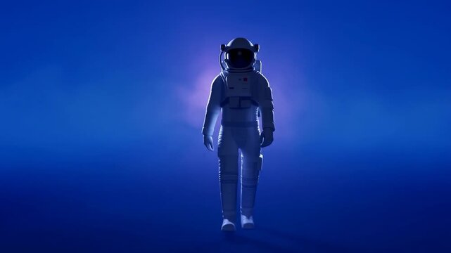 Astronaut slowly shifts while hovering upright against a glowing blue spacelike background