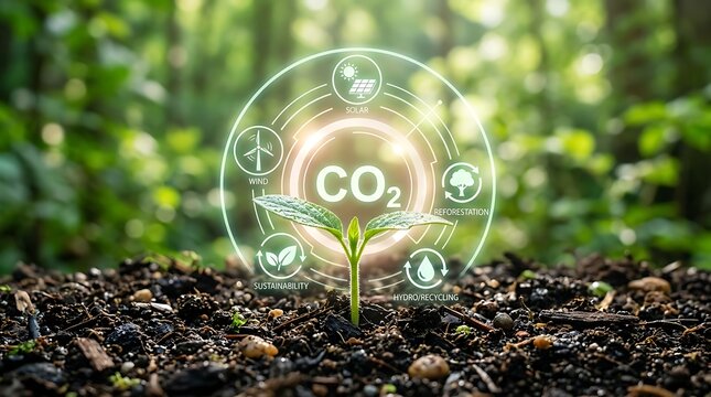 Carbon dioxide emission reduction concept with green sprout and digital interface reduction interface environment technology