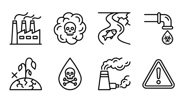Environmental pollution and toxic contamination line icons collection with factory emissions, polluted water, chemical leakage and warning signs