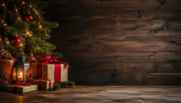 Christmas gifts under a decorated tree with lantern and copy space