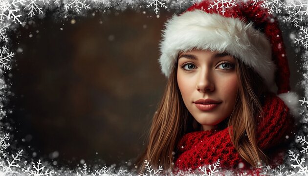Young woman wearing a Santa hat and red scarf with snowflake border frame
