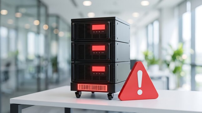 Black server tower with active red indicators and a red warning triangle on a desk server hardware data center it infrastructure network server system error