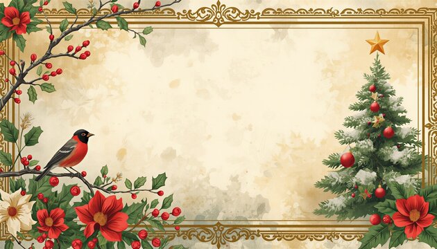 Christmas greeting card background with decorated tree and bullfinch bird