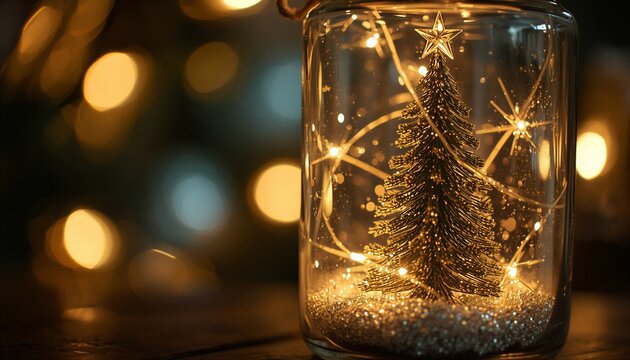 Christmas tree inside a glass jar with glowing fairy lights and glitter