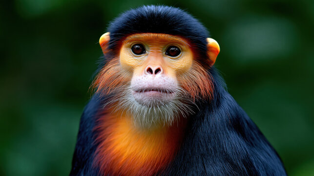 Front view of red douc langur portrait with black fur, orange face, and soft green background, calm wildlife close up