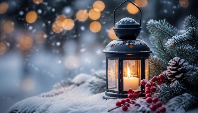 Christmas lantern with candle and pine branches in snowy winter setting