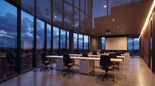 Empty Modern Office Training Room with Panoramic Windows