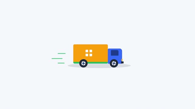 Clean flat vector delivery truck carrying packages with smooth driving, wheel rotation and subtle cargo bounce animation for logistics, shipping, ecommerce and delivery concepts.