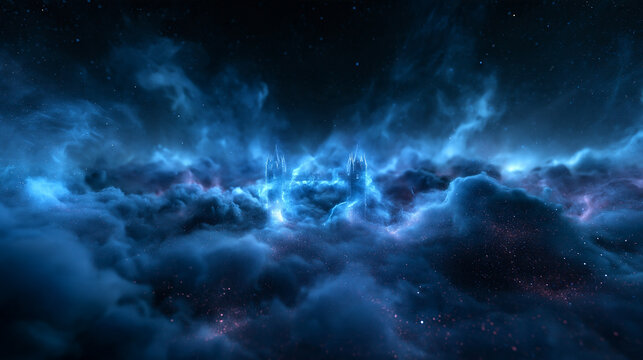 Mystical Glowing Castle Floating in Cosmic Blue Nebula Clouds