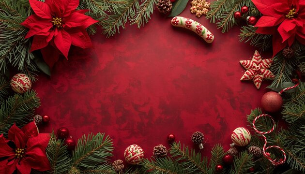 Christmas festive frame with poinsettia and ornaments on red background